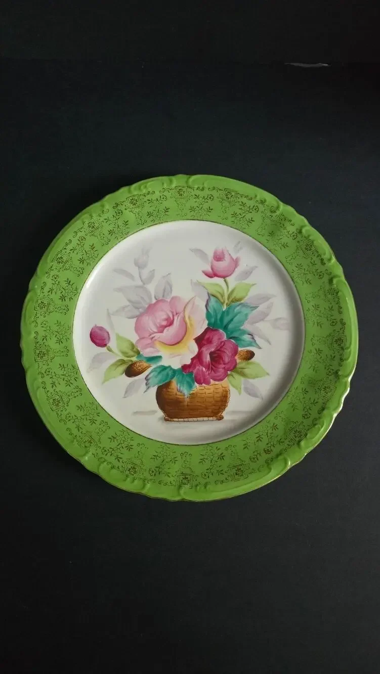 Vintage Porcelain Plate Painted Floral Basket Green Border Gold Trim Decor